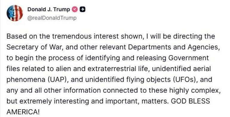 ABD Başkanı Trumptan UFO hamlesi: Talimat vereceğim diyerek duyurdu