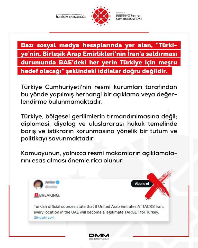 Dezenformasyonla Mücadele Merkeziden “Türkiye BAE’yi meşru hedef ilan etti” iddiasına yalanlama