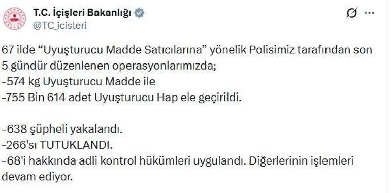 67 ilde uyuşturucu operasyonu; 266 tutuklama