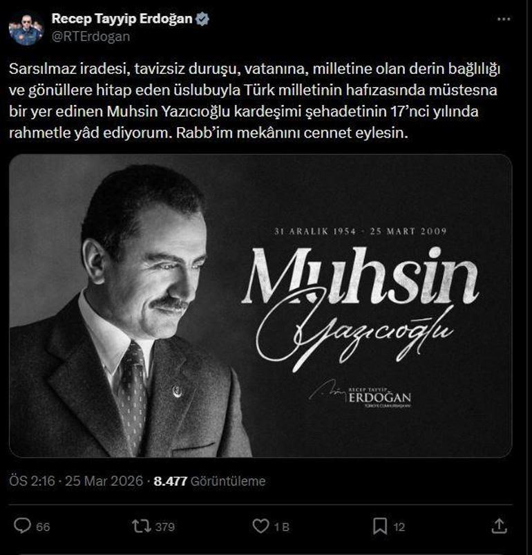 Cumhurbaşkanı Erdoğan, Muhsin Yazıcıoğlunu andı