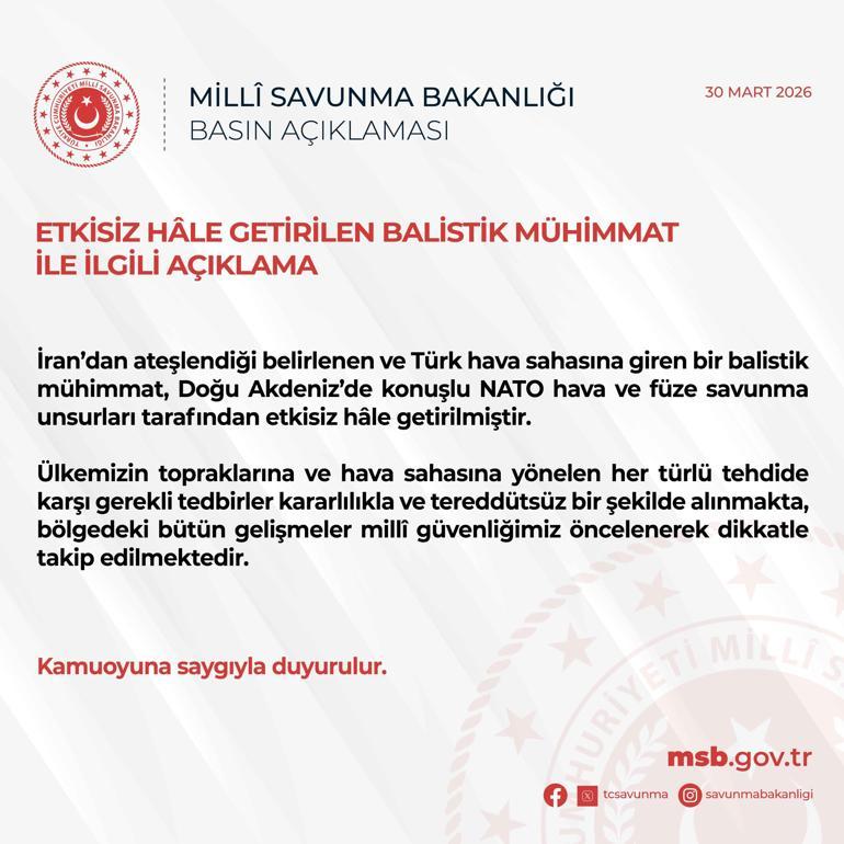 Son dakika... MSB: İrandan ateşlenen 4. füze önlendi