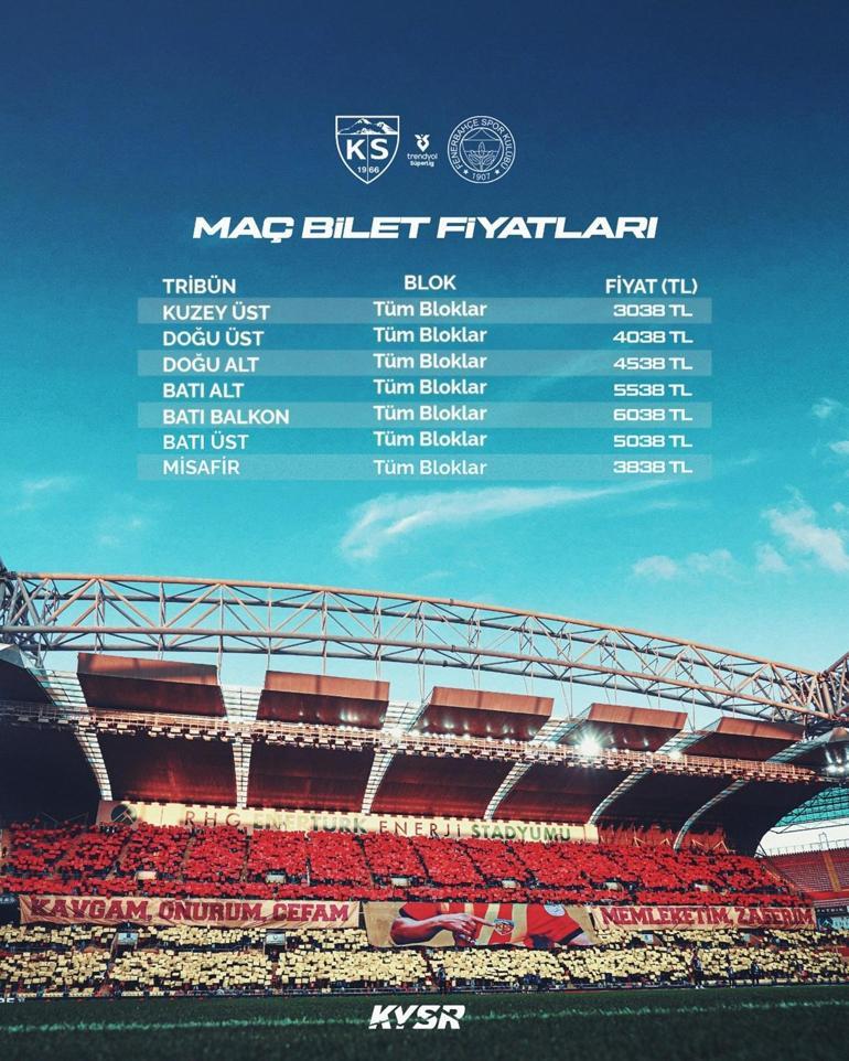 Kayserispor, Fenerbahçe maçının bilet fiyatlarını açıkladı