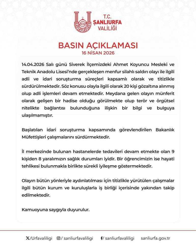 Siverekte liseye silahlı saldırı olayında gözaltı sayısı 20 oldu