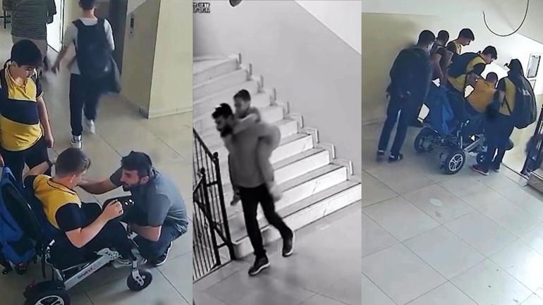 Asansör bozuk, insanlık sağlam Bedensel engelli öğrencisini sırtında taşıdı