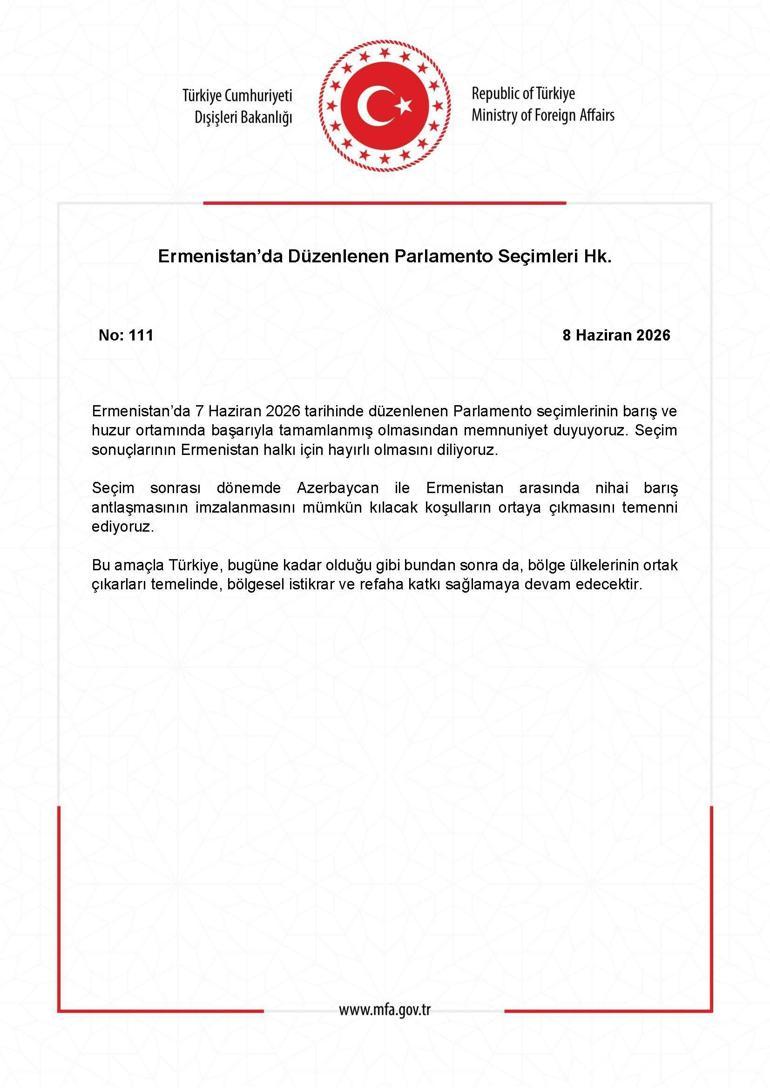Dışişlerinden Ermenistan seçimi açıklaması