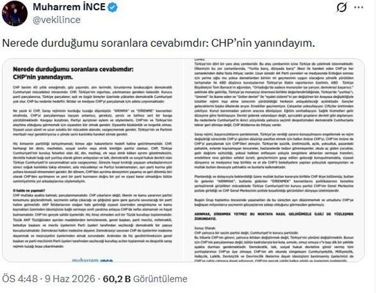 CHPde kurultay krizi Muharrem İnceden çağrı