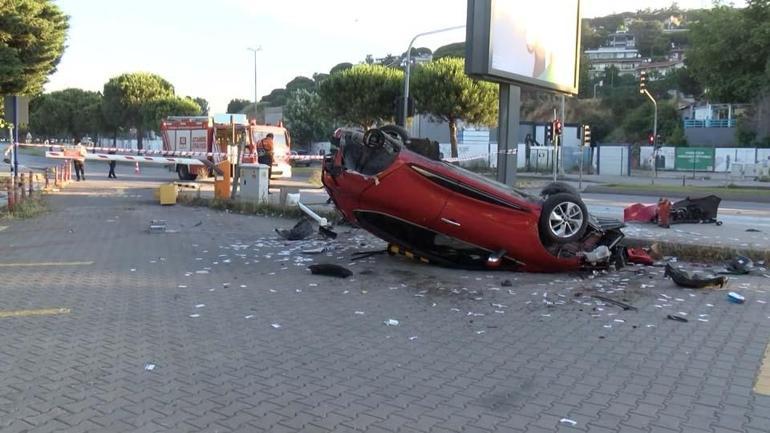 Taklalar atan otomobil yol kenarındaki otoparka uçtu