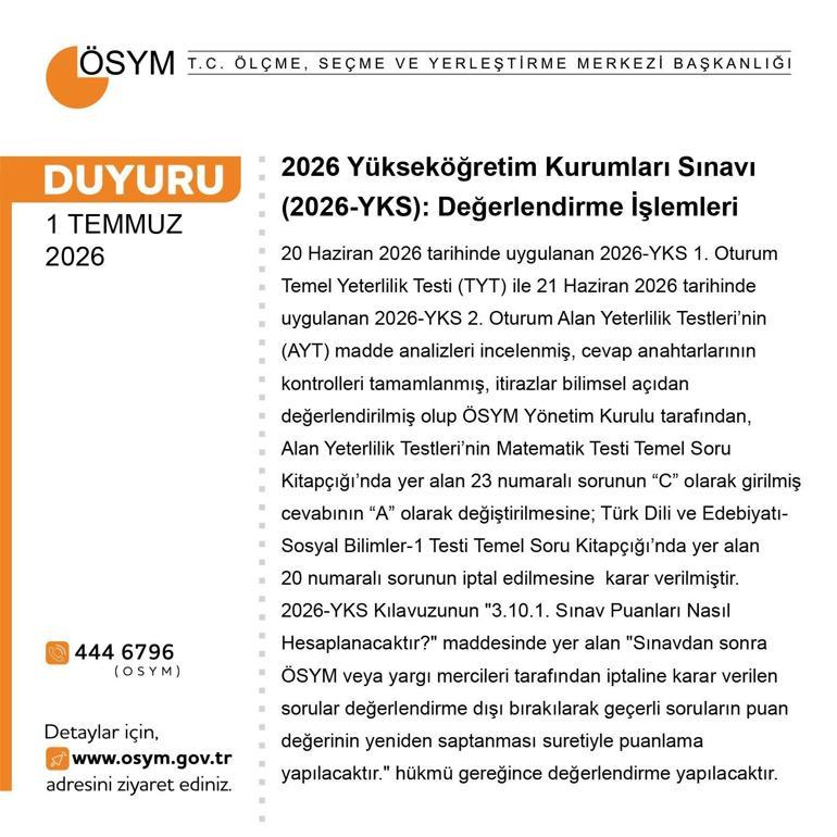 SON DAKİKA... ÖSYM açıkladı YKSde 1 soru iptal, 1 sorunun da cevabı değişti