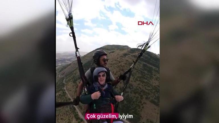 77 yaşındaki Türkan teyzenin yamaç paraşütü heyecanı kamerada