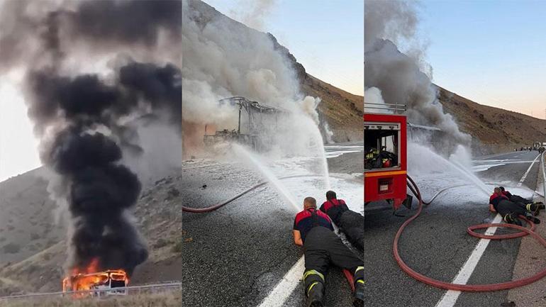 Erzincan’da yolcu otobüsü alev alev yandı