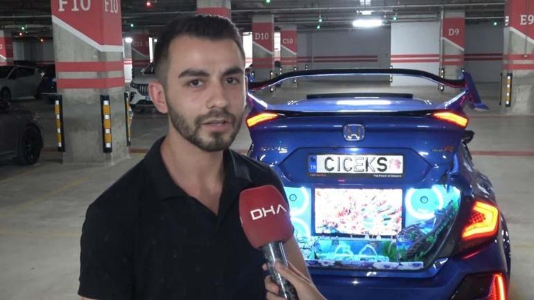 Araç bagajında akvaryum Modifiye tutkunu gençten ilginç tasarım