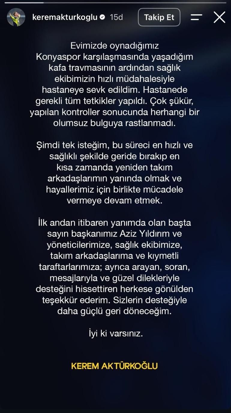 Kafa travması geçiren Kerem Aktürkoğlundan açıklama: Tek istediğim en kısa sürede dönmek