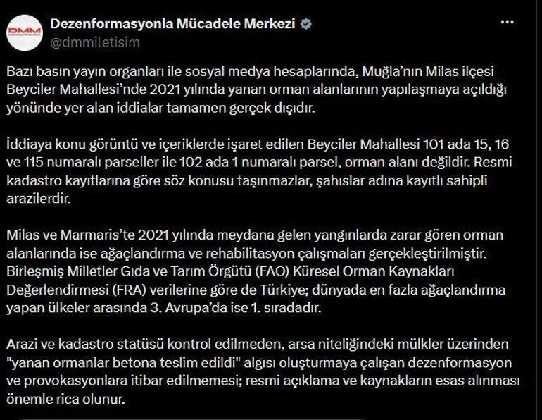 DMMden “yanan orman alanları yapılaşmaya açıldı” iddiasına yanıt