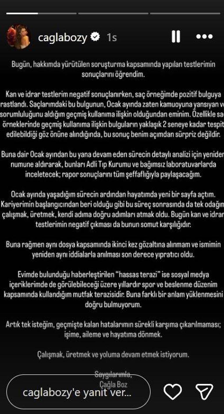 Çağla Boz, uyuşturucu test sonucunun pozitif çıkmasının ardından sessizliğini bozdu Benim açımdan sürpriz değil