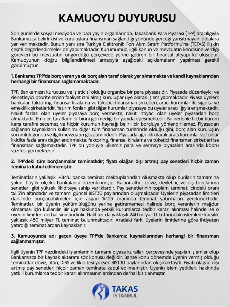 Takasbanktan TPP ve TEFAS iddialarına ilişkin açıklama