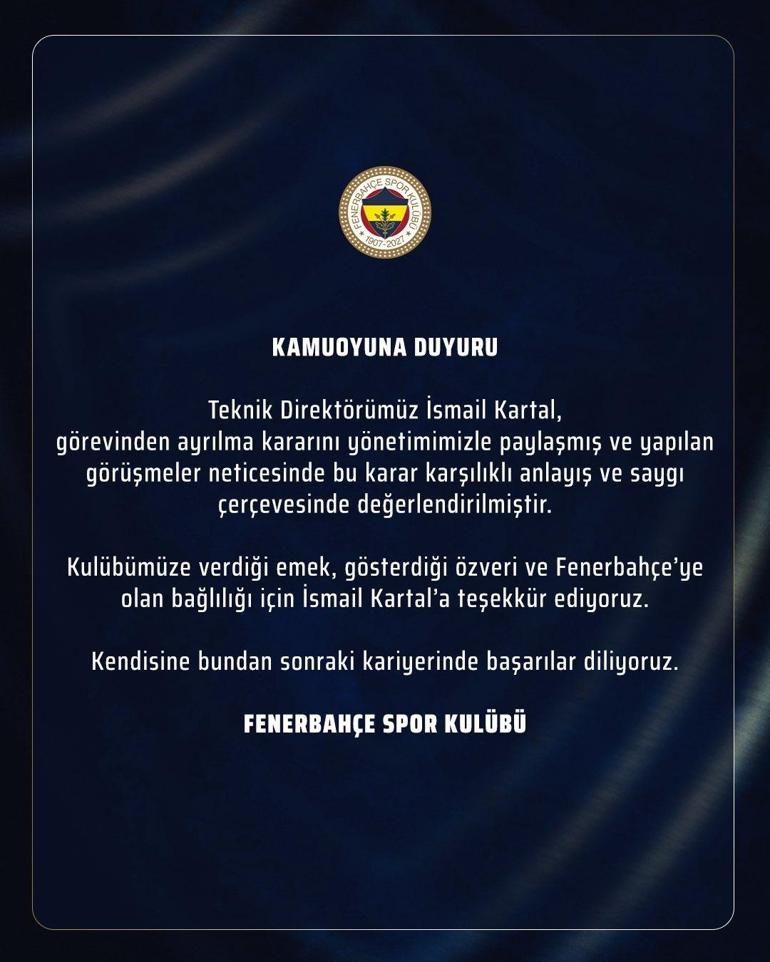 Fenerbahçede İsmail Kartal dönemi sona erdi