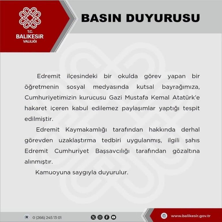 Balıkesirde Atatürk ve Türk bayrağına hakaret iddiası Öğretmen gözaltına alındı